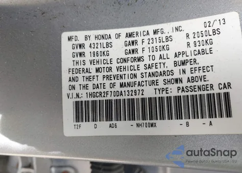 2013 Honda Accord Ex from USA, damaged, VIN 1HGCR2F70DA132972
